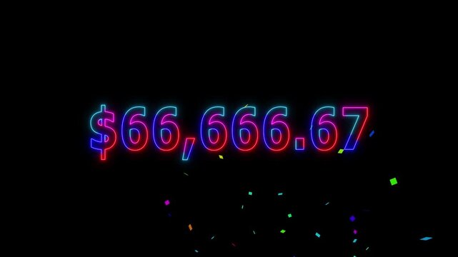Neon line 80 thousand dollar counting animation and colorful confetti. Counting money and digits increasing. Animated Counter from 0 to 80k with resolution.