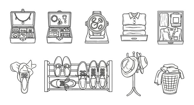 wardrobe essentials clothes and shoes organized providing a range of attire for different occasions symbolizing fashion choices and closet solutions