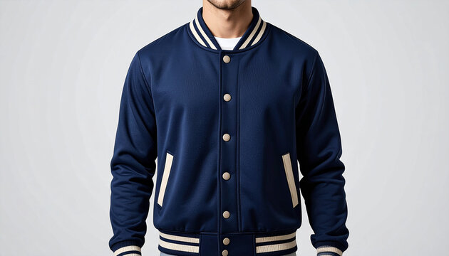A man wearing a navy blue varsity jacket with cream accents, centered.