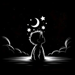 Young child gazes up at a starry night sky filled with wonder and dreams, a beautiful depiction of childhood imagination.