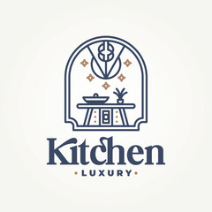 minimalist restaurant kitchen with luxurious ornaments line art icon badge logo vector illustration design
