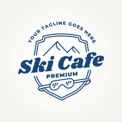minimalist ski cafe line art icon badge logo vector illustration design. simple modern ski resort cafeteria logo concept