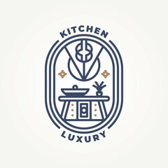 minimalist kitchen with luxurious ornaments line art icon badge logo vector illustration design. simple modern luxury restaurant emblem logo concept