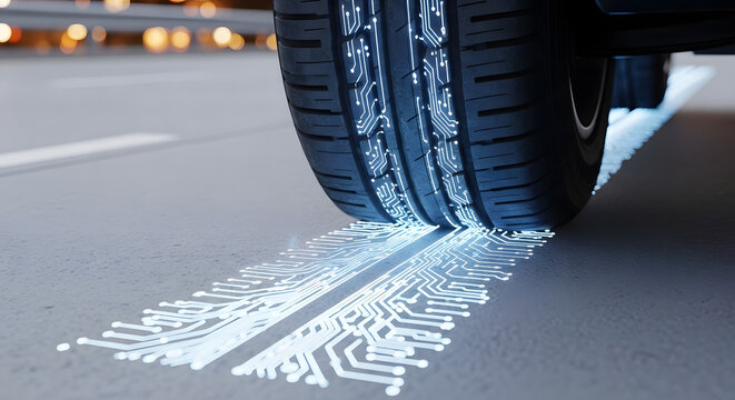 Futuristic Car Tire Tread with Digital Circuit Pattern