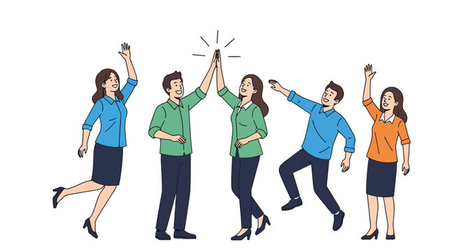 Dynamic team celebrates success with high five, radiating positivity and teamwork, symbolizing collaboration and achievement in a modern workplace environment