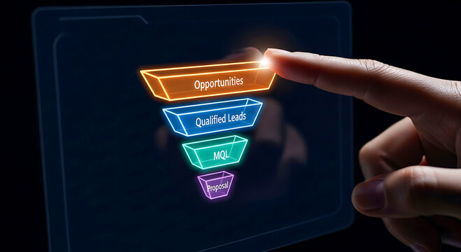 Finger touching digital sales funnel diagram opportunities qualified leads