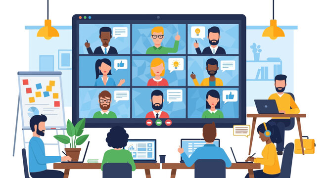 Diverse team collaboration online in a modern virtual meeting, people connecting from home offices discussing project strategy and sharing ideas remotely