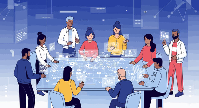 Diverse innovative team collaborating on holographic data at modern tech summit, driving success through smart technology and future innovation solutions