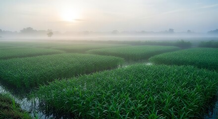 Misty Morning Over Lush Green Rice Fields With Sun Rising Above The Horizon