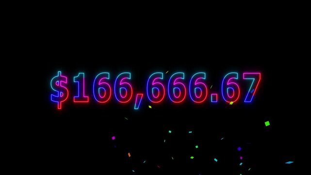 Neon line 2 lakh dollar counting animation and colorful confetti. Counting money and digits increasing. Animated Counter from 0 to 200k with resolution.
