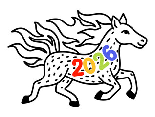 A running fiery horse is a symbol of the coming New Year 2026 drawn in doodle style.