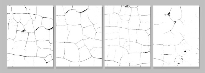 Set of distressed backgrounds with old wall cracks. Grunge monochrome vector overlay effect for aged dry surface look. Cracked texture