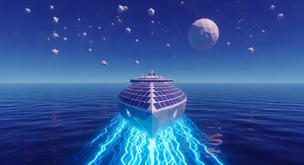 Futuristic solar-powered ship sailing across a calm ocean under a starry sky with a large moon