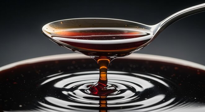 Molten Syrup Drips From Spoon Creating Beautiful Reflections on Dark-Toned Surface