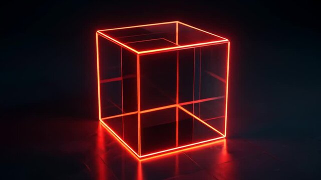 A glowing red geometric cube emits light against a dark reflective surface, showcasing neon-like lines