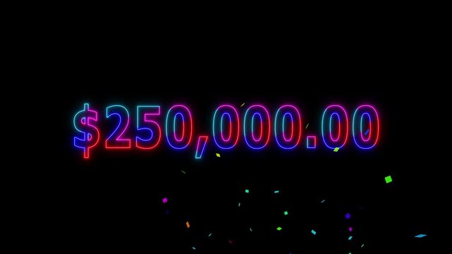 Neon line 3 lakh dollar counting animation and colorful confetti. Counting money and digits increasing. Animated Counter from 0 to 300k with resolution.