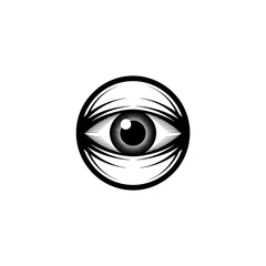 Striking black and white circular eye symbol representing vision, awareness, and perception in a bold, graphic style