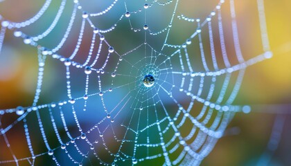 Delicate spiderweb covered with frost crystals shining in sunlight, macro nature detail symbolizing fragility, balance, and frozen perfection of intricate winter design artistry
