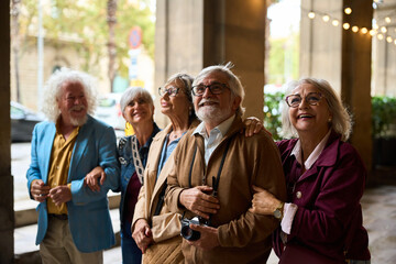 Seniors group friends traveling cityscape enjoying sightseeing