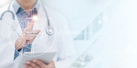 Biomedical Research concept in advanced healthcare — doctor using digital tablet and virtual scientific interface to represent biotechnology innovation, laboratory analysis, and medical technology