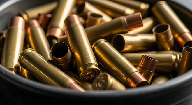 Pile of Brass Bullet Casings in a Dark Bowl ammunition