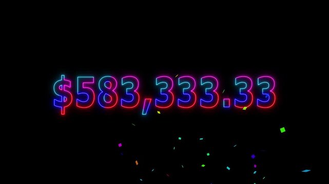 Neon line 7 lakh dollar counting animation and colorful confetti. Counting money and digits increasing. Animated Counter from 0 to 700k with resolution.
