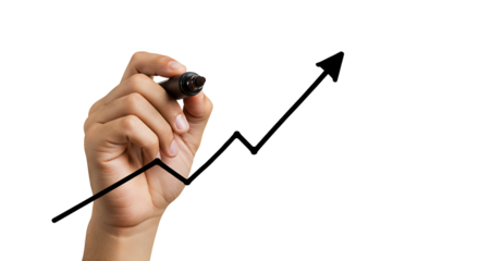 Human hand holding a black marker pen, writing or drawing on an invisible screen or whiteboard, isolated on transparant background, ideal for