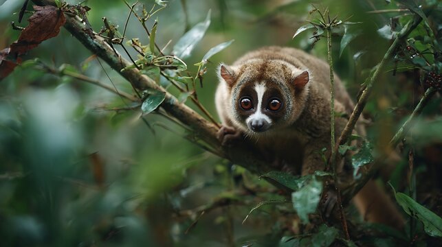 Close up of a slender loris perched on a branch surrounded by green foliage in its natural habitat