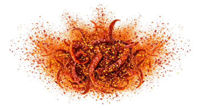 A dynamic explosion of vibrant red chili peppers fiery flakes and aromatic spice dust against a stark black background