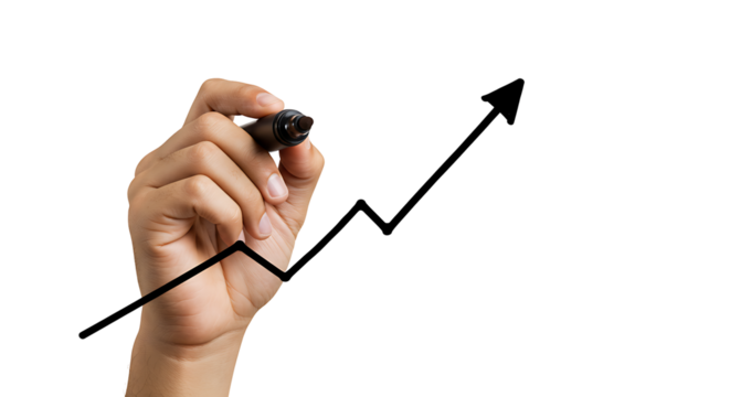 Human hand holding a black marker pen, writing or drawing on an invisible screen or whiteboard, isolated on transparant background, ideal for