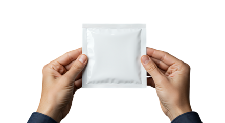 Hands presenting a pristine white unbranded sachet package ideal for product mockups and advertising display