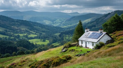Obraz premium Sustainable cottage overlooking green valley landscape