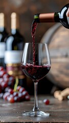 A stream of dark red wine is poured from a bottle into an elegant stemware glass, with grapes and a barrel visible.