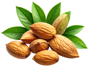  Fresh Almonds with Green Leaves Cluster, isolated on transparent background