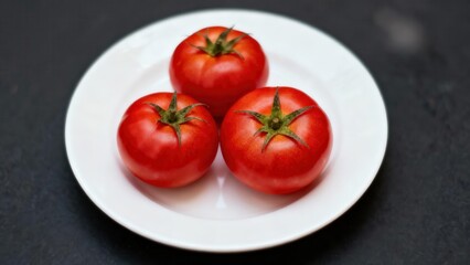 Three ripe red tomatoes rest on a white plate.