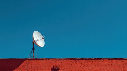 white satellite dish red brick wall blue sky