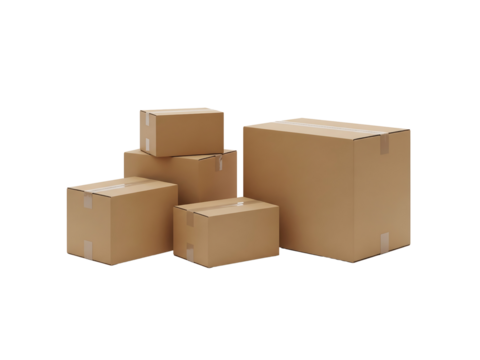 A group of cardboard shipping boxes of various sizes stacked together isolated on transparent background