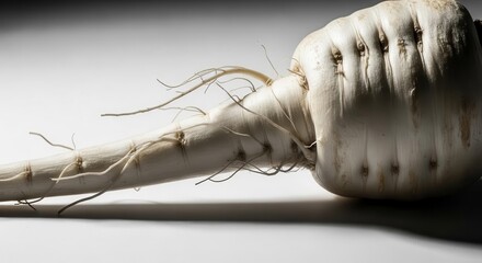 Raw Parsnip Close Approach With Roots And Wrinkles On Light Background Without Color
