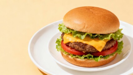 Juicy cheeseburger with fresh lettuce and tomato on a plate.