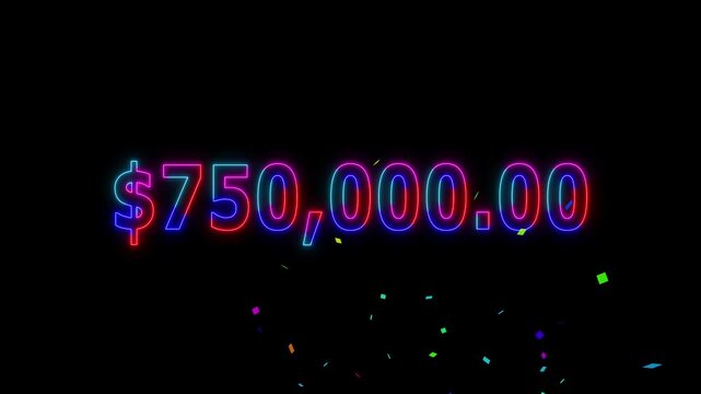 Neon line 9 lakh dollar counting animation and colorful confetti. Counting money and digits increasing. Animated Counter from 0 to 900k with resolution.