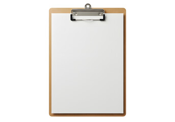 Wooden clipboard with a blank white sheet of paper attached, isolated on a white background for notes and lists
