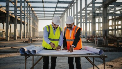 Two diverse senior construction managers in hard hats and safety vests, discussing blueprints at a concrete building site.
