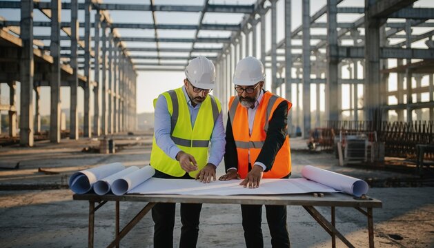 Two diverse senior construction managers in hard hats and safety vests, discussing blueprints at a concrete building site.