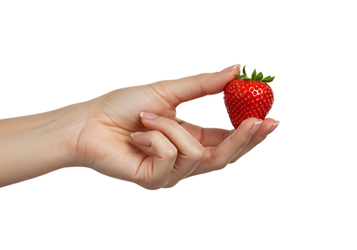 A single vibrant red strawberry delicately held by a graceful hand transparant backdrop emphasizing natural freshness and elegance