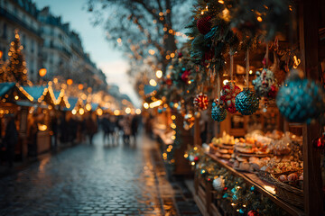 Colorful Christmas decorations on a Parisian Christmas market