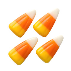 Four pieces of candy corn isolated on transparent background for halloween treat