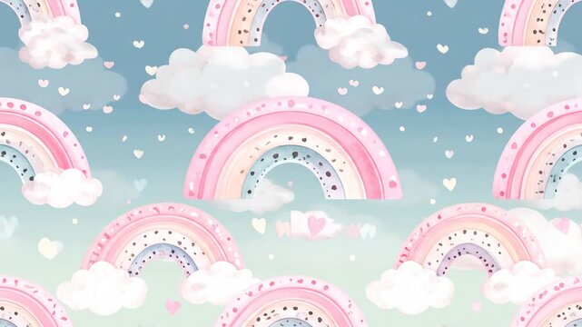 Watercolor pattern of pastel rainbows with puffy clouds, tiny hearts against a soft sky