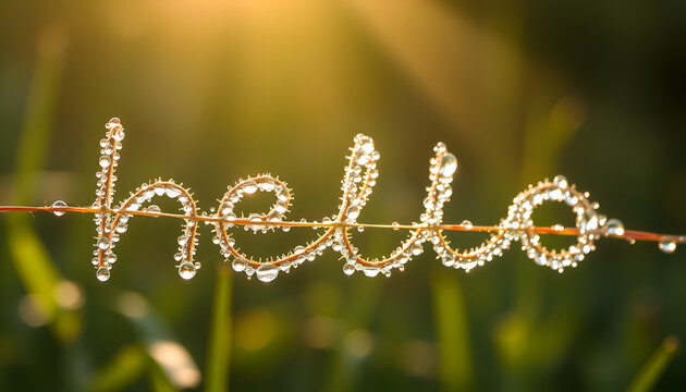 &ldquo;Hello&rdquo; Written in Dew Drops on Grass at Sunrise, Nature&rsquo;s Greeting with Sunlit Morning Dew on Blade of Grass