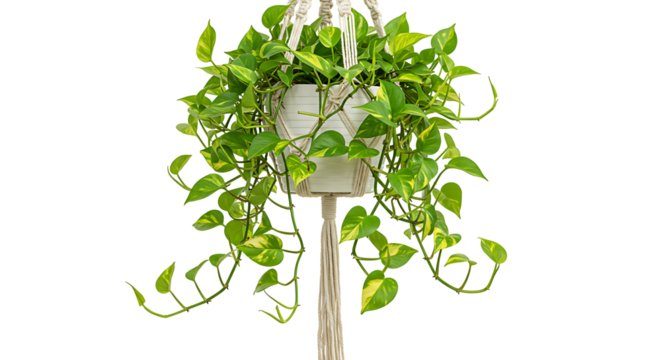 Vibrant green and yellow variegated pothos plant in a decorative macrame hanging planter against a dark background