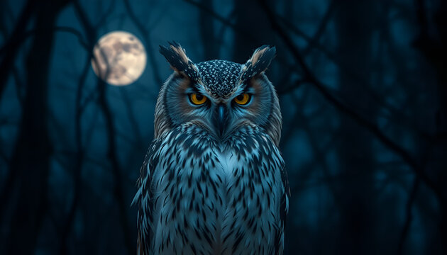 Majestic Owl Staring Intently Under Full Moon in Dark Forest, Mysterious Night Predator with Glowing Eyes in Moonlit Woods